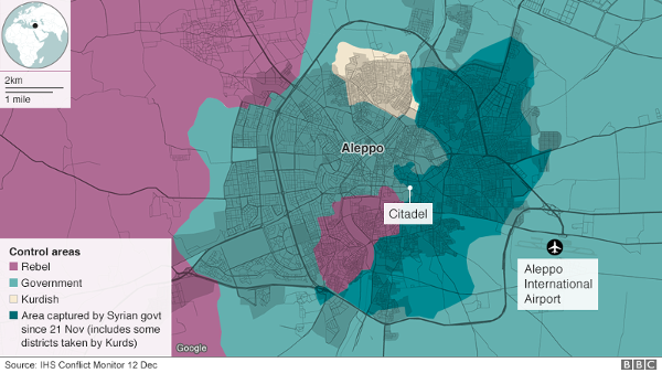 BBC-infografika az ostrom jelenlegi állapotáról. A sötét türkiz területek a kormányerők által nemrég elfoglalt területeket jelzik, a lila rész a lázadók által ellenőrzött városrész