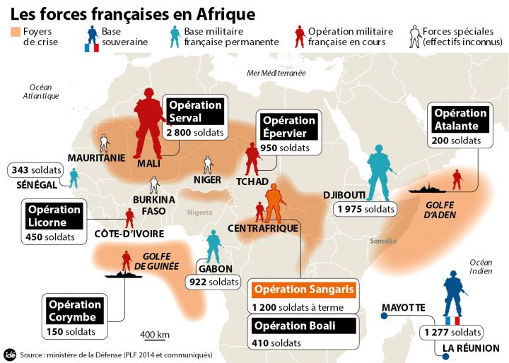 Az Afrikában jelen lévő francia erők 2013 decemberében, a Közép-afrikai Köztársaságban kezdeményezett Sangaris hadművelet indulásakor; Forrás: leparisien.fr