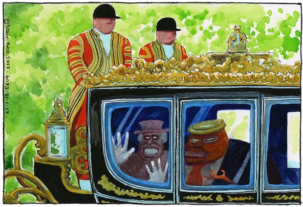 Steve Bell rajza Trump várható látogatásának réméről; The Guardian