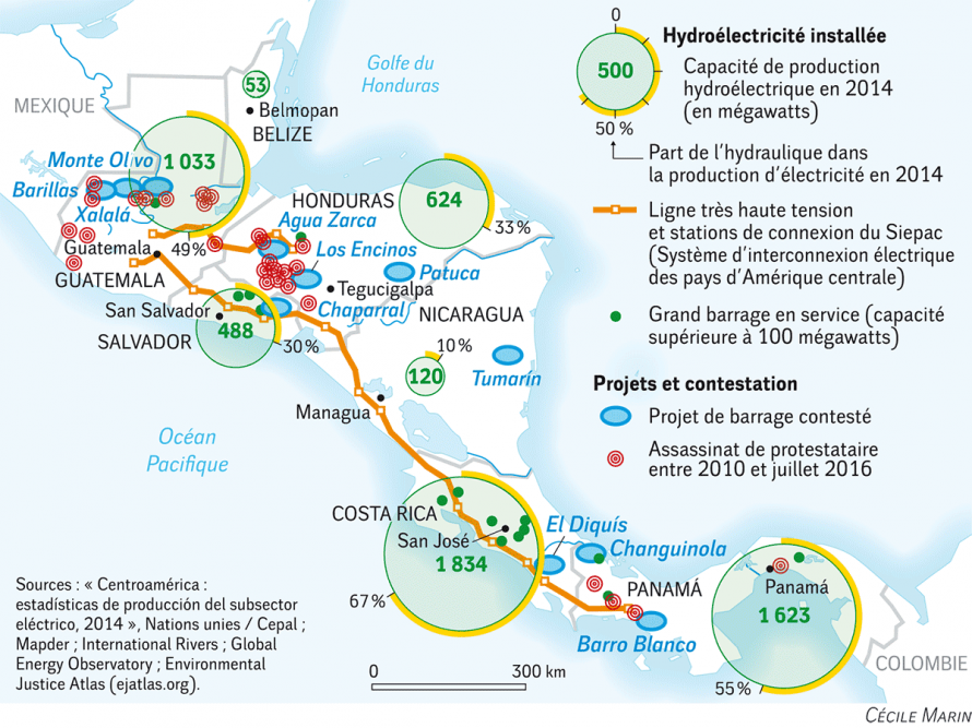A legnagyobb vitatott vízerőmű projektek Közép-Amerikában; forrás: Le Monde Diplomatique