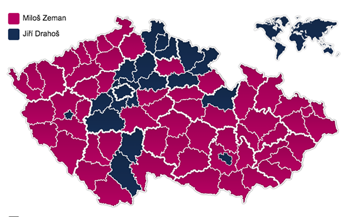 Nem csak Prága szavazott a  nyugatbarát Jiří Drahoš professzorra, akire Csehország gazdaságilag legfejlettebb területein élők szavaztak. 