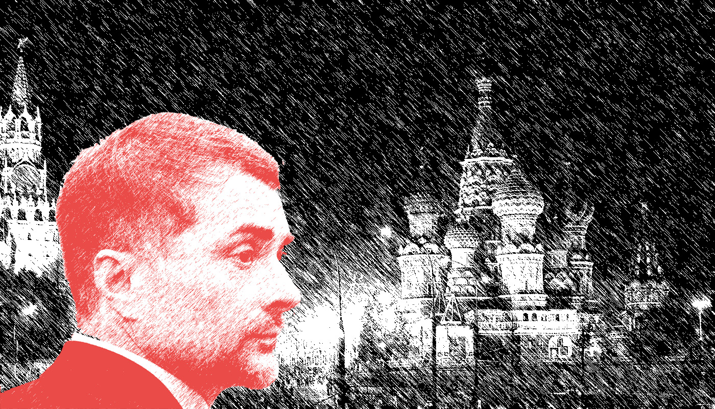 Stilizált fénykép Vladiszlav Szurkovról, háttérben Vörös tér