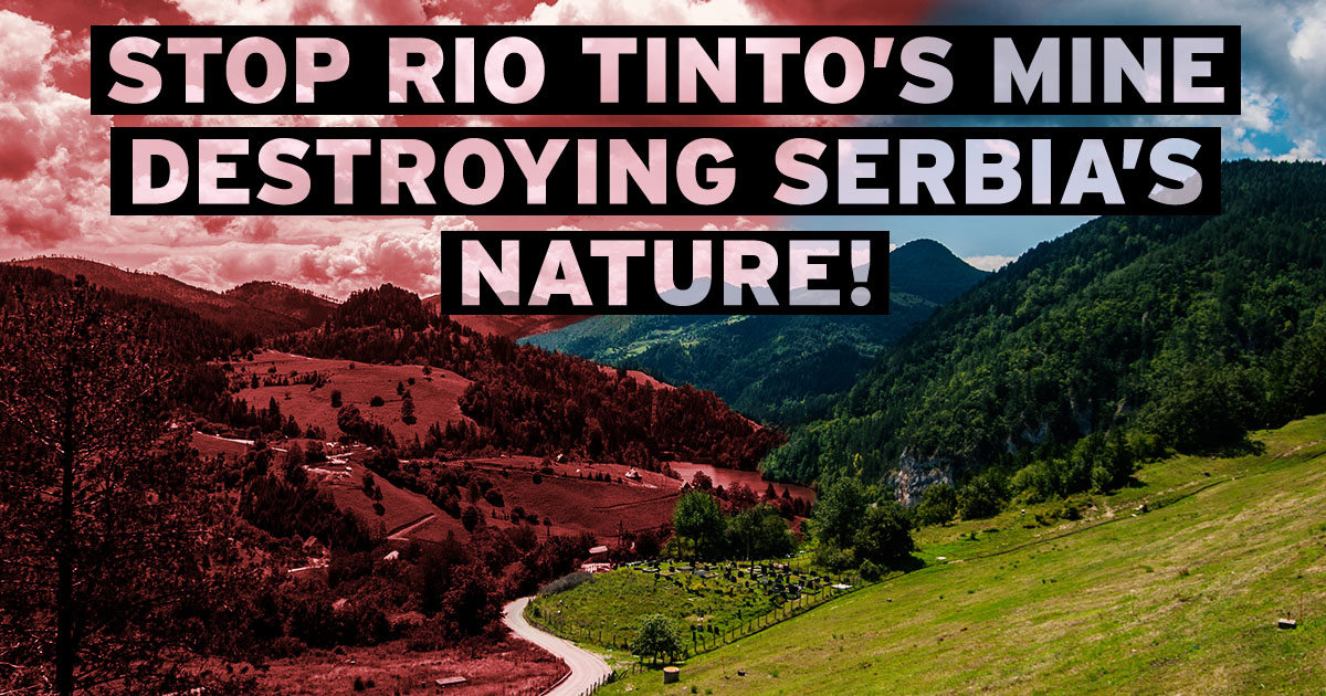 "Állítsa meg a Rio Tinto bányáját és Szerbia természetének pusztítását!" - olvasható az Indítsd el a változást! zöld szervezet grafikáján. Forrás: https://kreni-promeni.org/