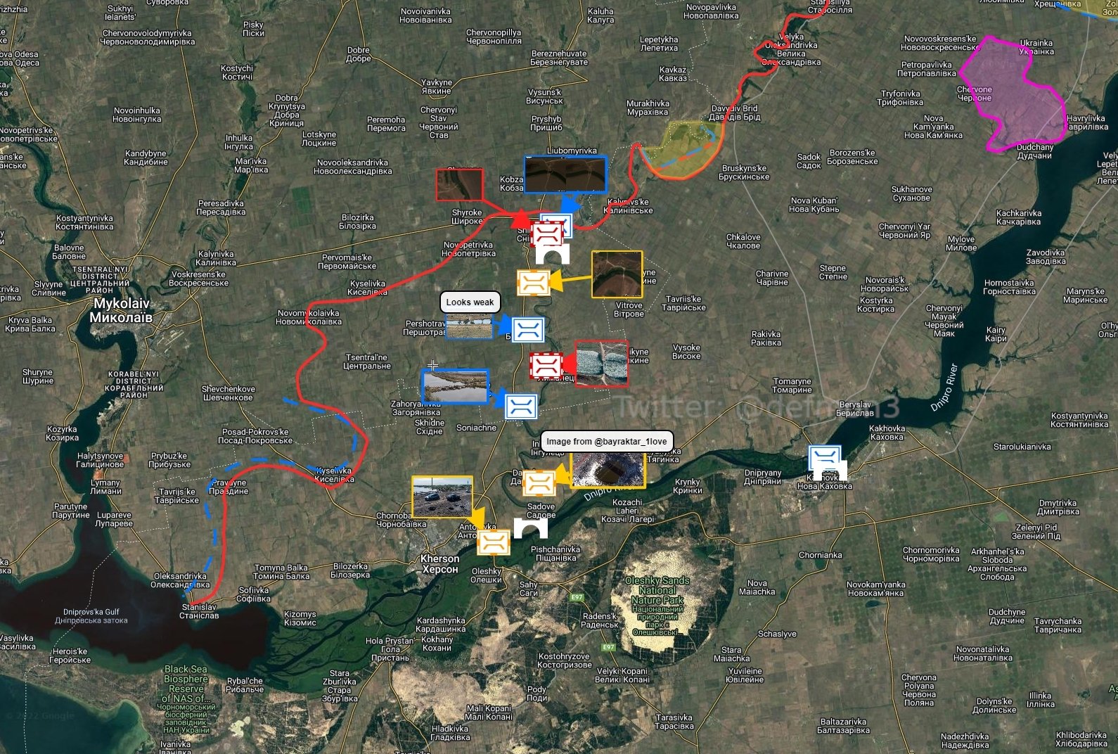 Az orosz hadsereg által használt átkelőhelyek az Inhulec folyón a Dnyipro nyugati partján. Forrás: "Pax Lasitanica", Twitter