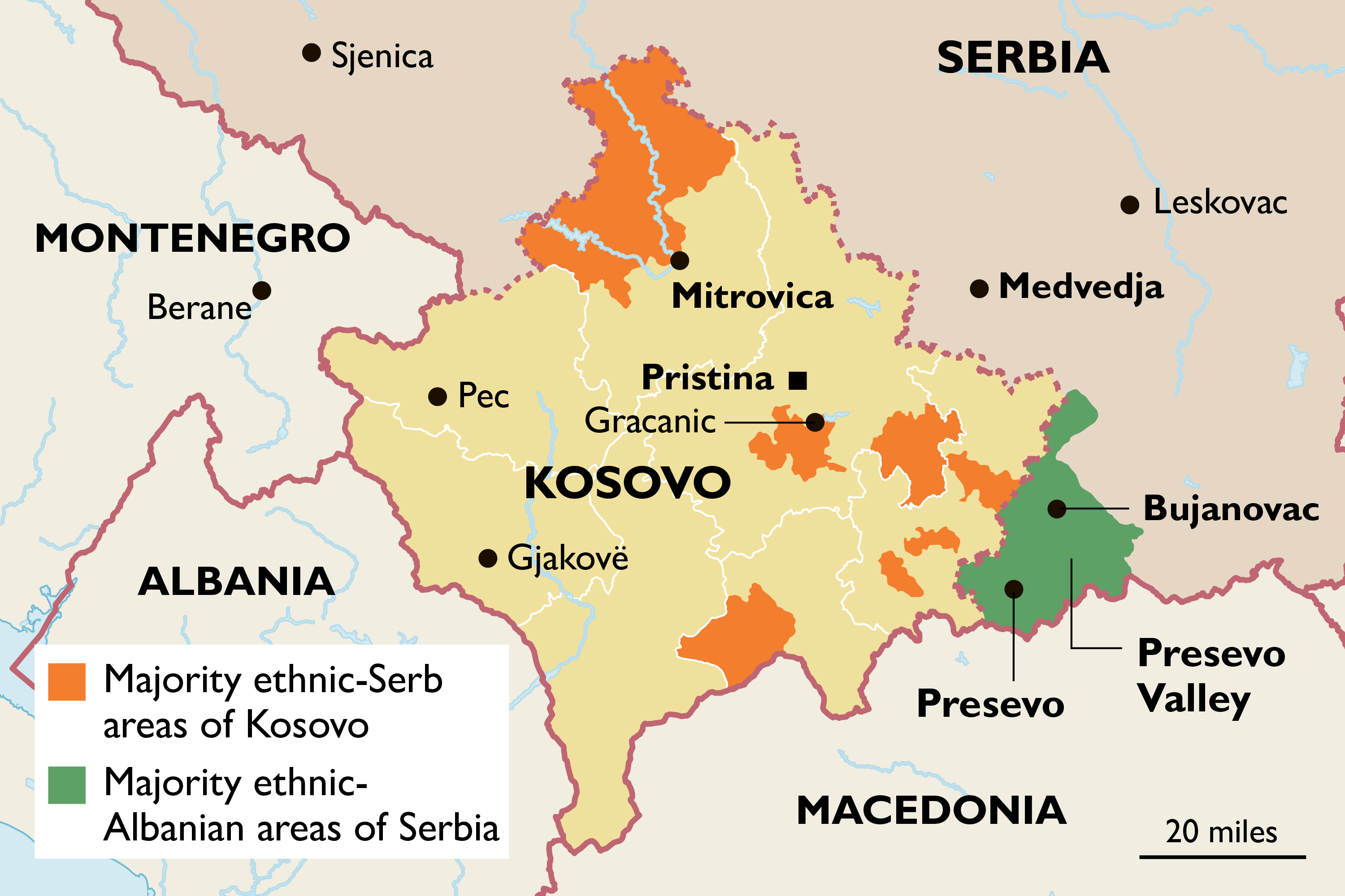 A narancssárga szín a többségében etnikai szerbek által lakott koszovói, a zöld szín a többségében etnikai albánok által lakott szerbiai területeket mutatja. Kép forrása: The Times