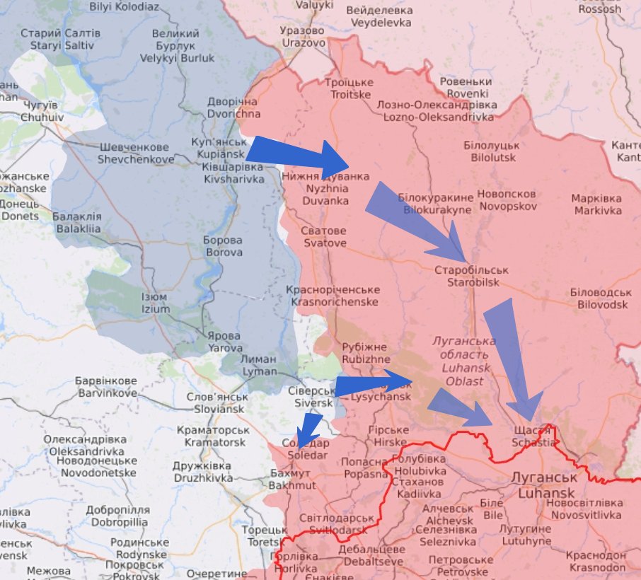 3-as ábra: Az északi Kupjanszk-Szvatove-Sztarobilszk támadási iránnyal párhuzamosan Sziverszkből két irányban is elindulhatnak az ukránok