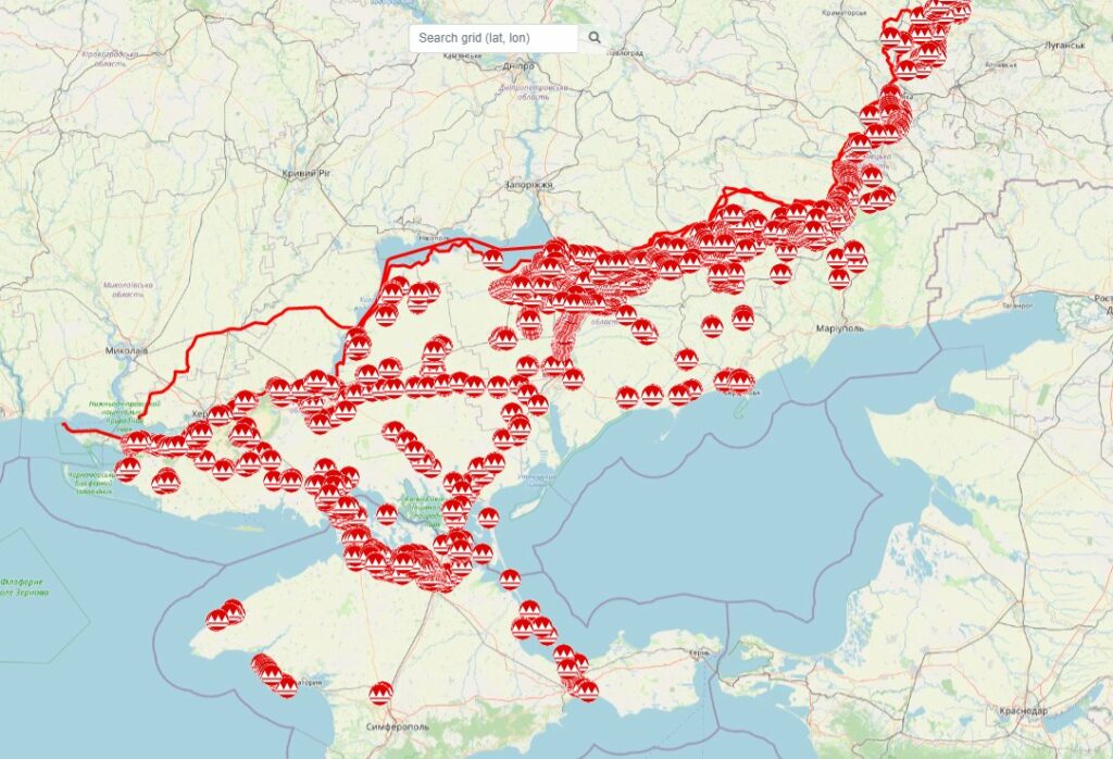 Vezető képünkön a megszállt dél- és kelet-ukrajnai területeken kiépített orosz védvonalakat látják a EO Browser Sentinel Hub vizualizációs és böngésző eszköz térképén. Screenshot.